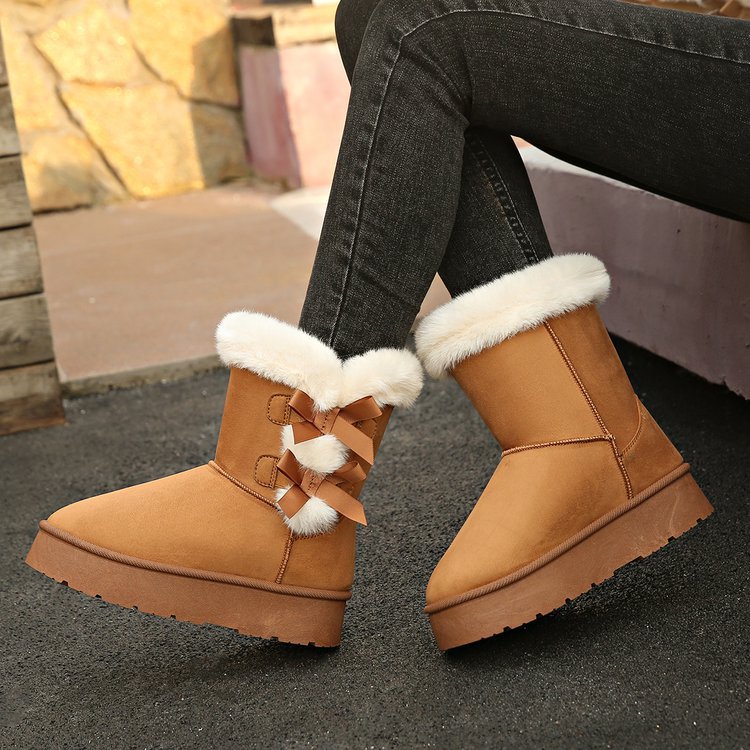 Free delivery designer fashionable plus size snow boots winter new style with plush and thick bow tie