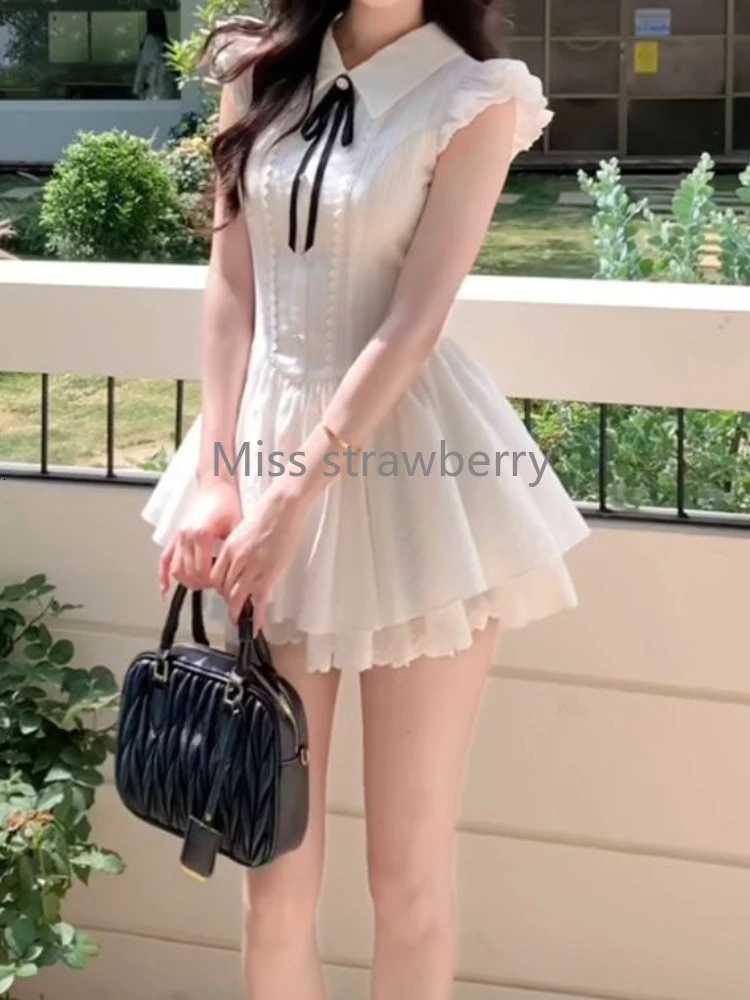 Summer France Elegant Lapel Slim White Dress Women Design Sweet Lace Bow Preppy Style Dresses Fashion Thin New Short Dresses R250716