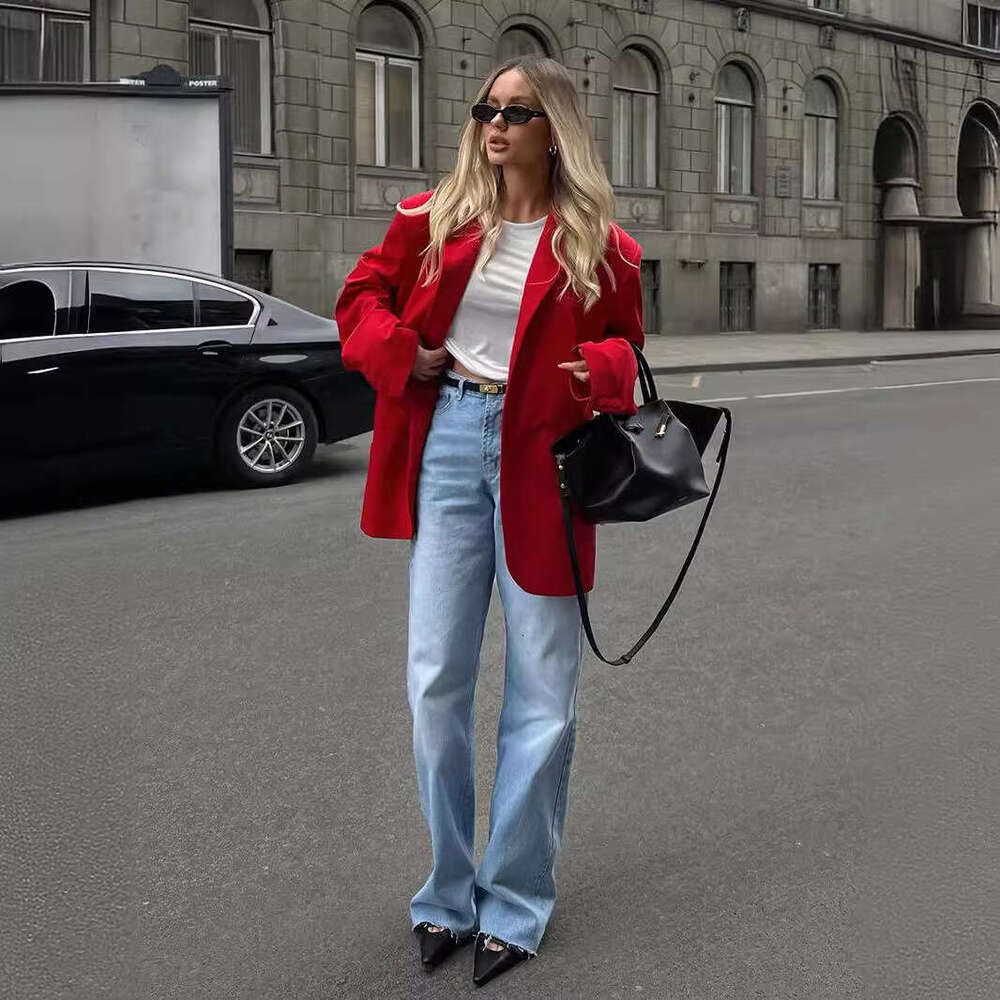 Summer New Style Elegant Padded Shoulder Loose Turn-Down Collar Pocket Red Blazer Jacket B5