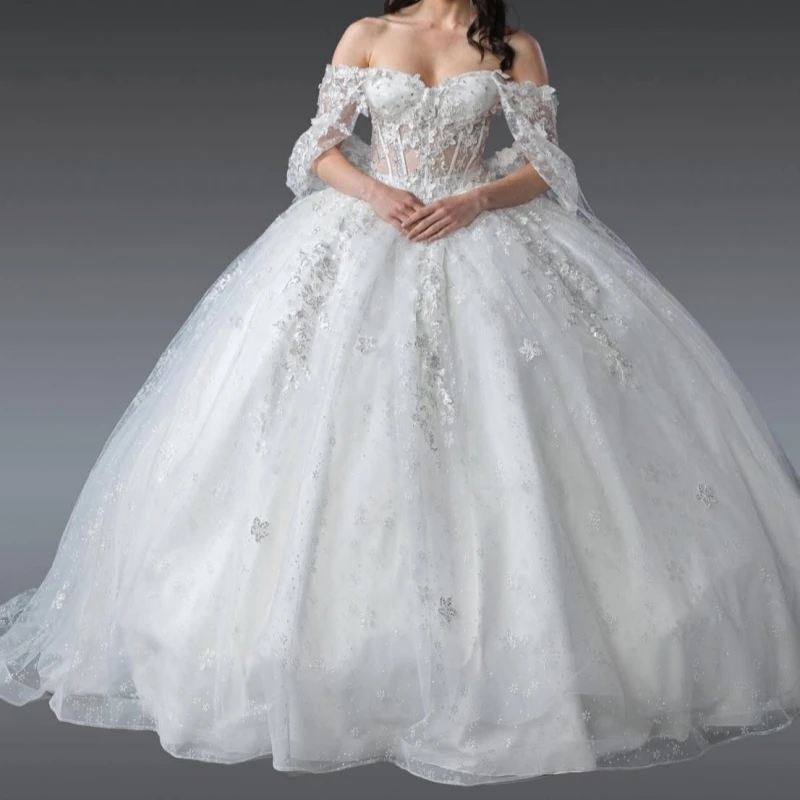 White Shiny Quinceanera Dresses Ball Gown Off The Shoulder Sequin Applique Lace Beads With Cape Tull Party Birthday Sweet 16 Dress Vestidos De 15 Anos