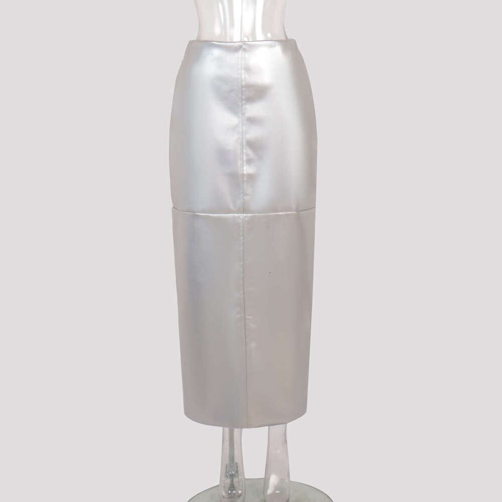PU Spring Split Stitching Metallic Glossy Leather Bodycon Skirt For Women B5