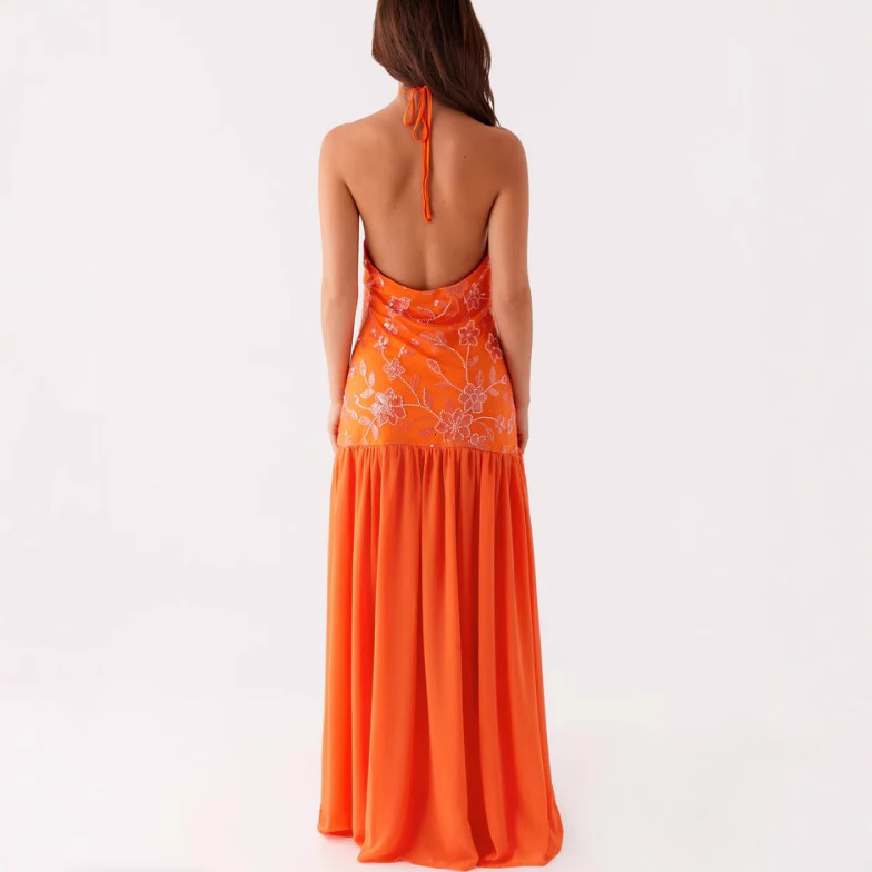 2025 New Cross-Border Women's Clothing Beaded Sequin Chiffon Patchwork Halter Neck Split Sexy Slim Dress