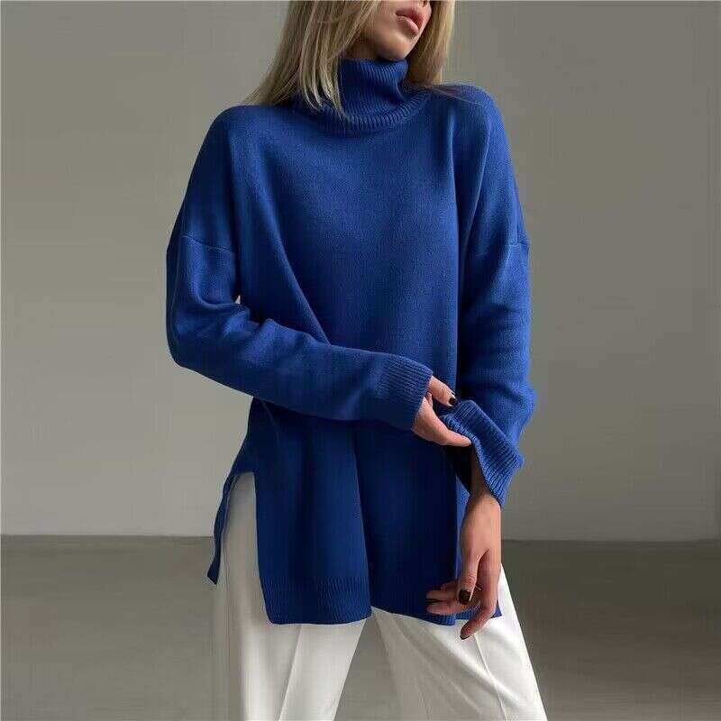 Turtleneck Women Autumn Winter New Casual Style Split Loose Solid Color Knitted Sweater B5