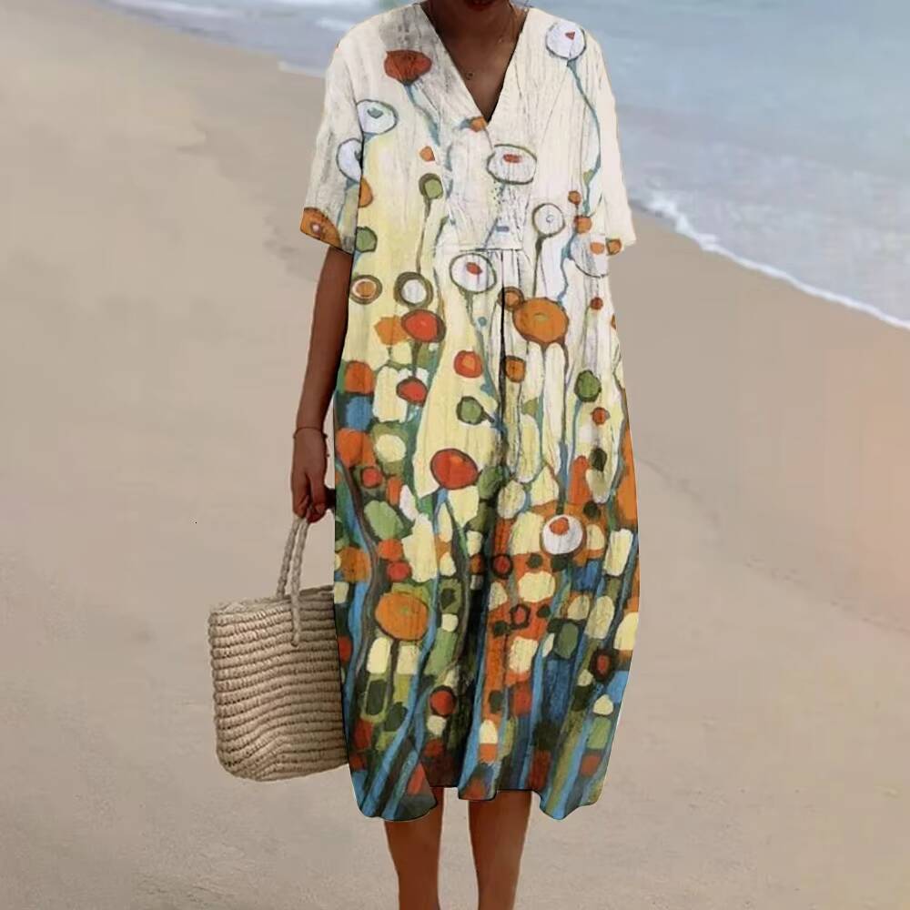 A-line Casual Daily linen womens luxury print Cotton Short Sleeve V Neck Bohe Mini Dresses Loose Fit Beach hawaiian dress dongdumaoyi