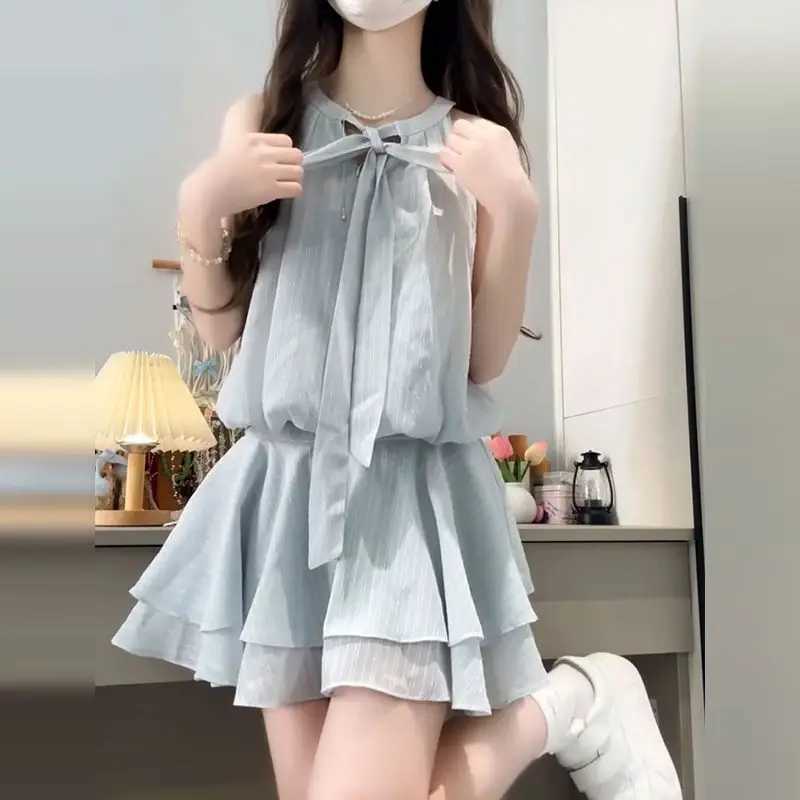 2025 Summer New Korean Blue Tie-fitting Neck Dress for Women College Style Waist-hugging and Slimming A-line Short Skirt R250716