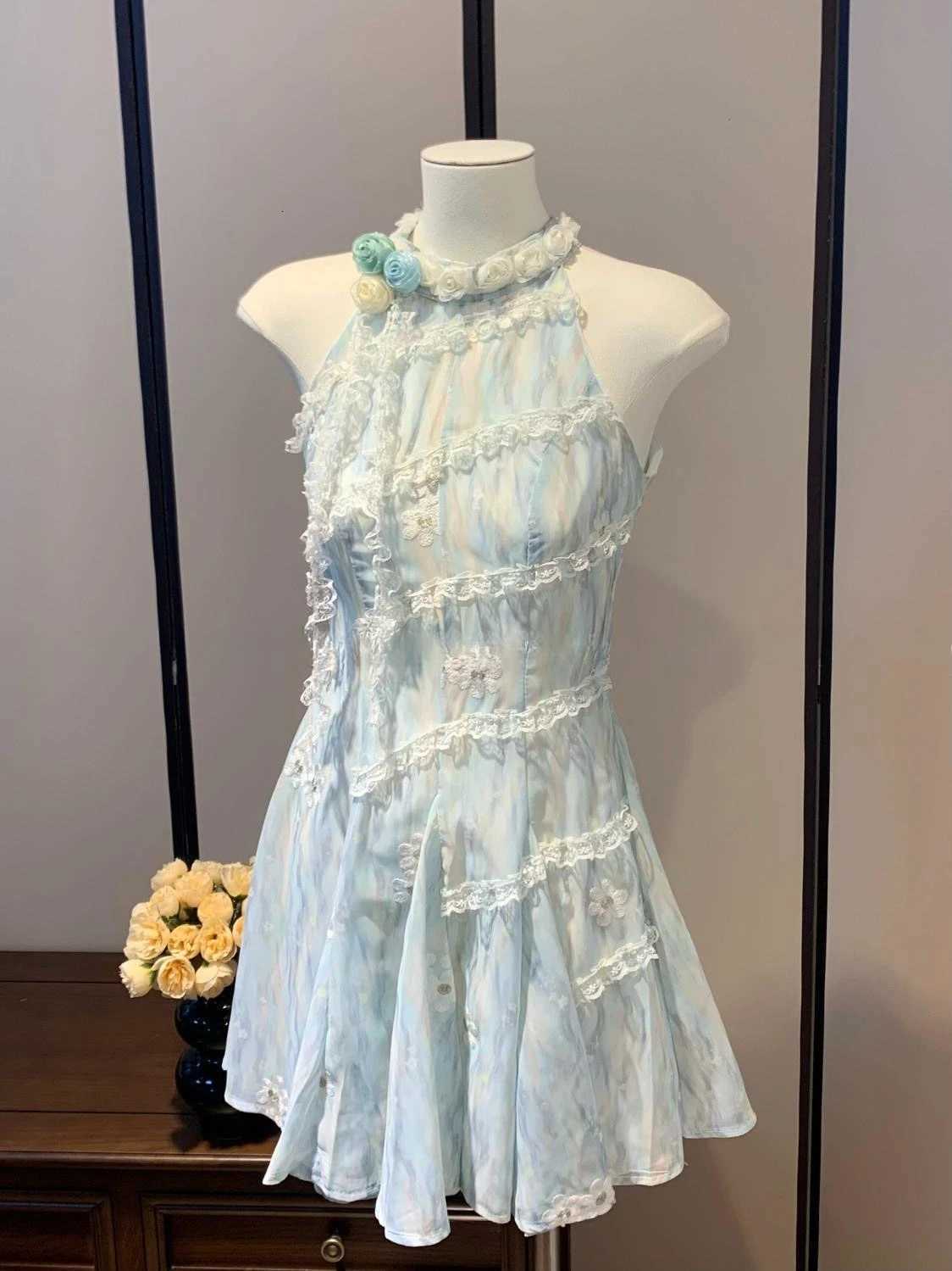 French Sweet Floral Lace Mini Dress Women Beach Style Evening Party Clothing Summer Slim Vintage One Piece Dress Korean Fashion R250716