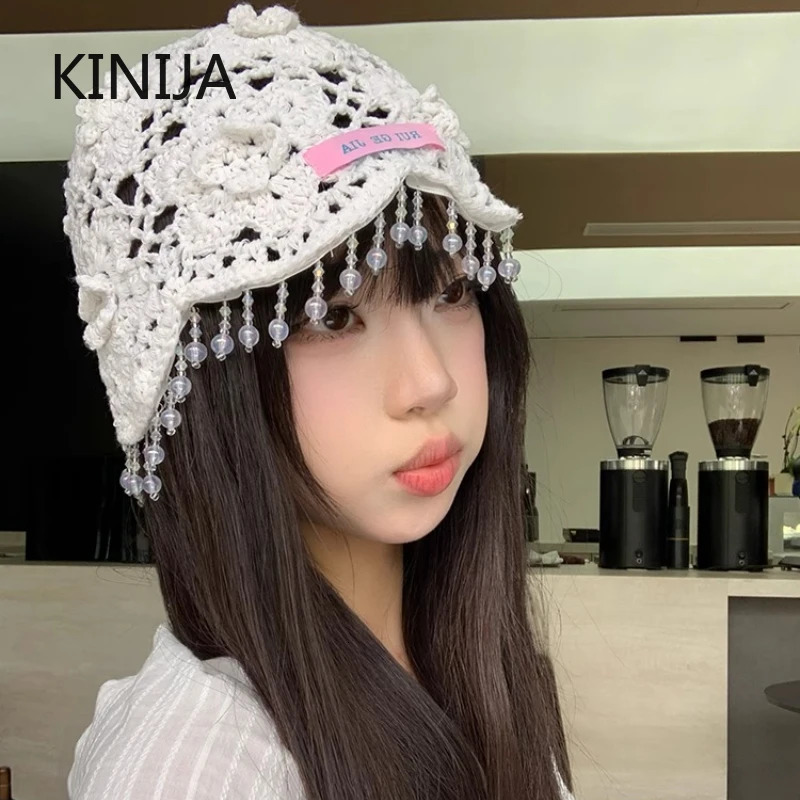 Handmade Tassel Knitted Hat Women Bohemian Beaded Fringed Pullover Hats for Girl Summer Travel Po Hollow Beanies Cap Y2K 250715