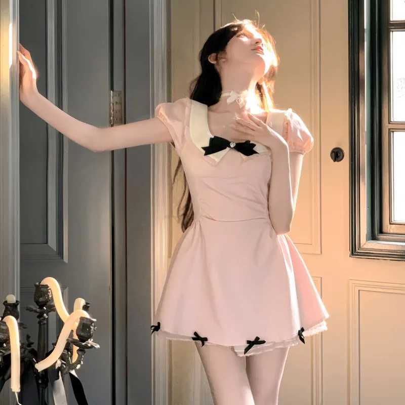 2025 Summer Women New Gentle Lace Sweet Fresh Slimming Temperament Bow A-line Short Dresses R250716