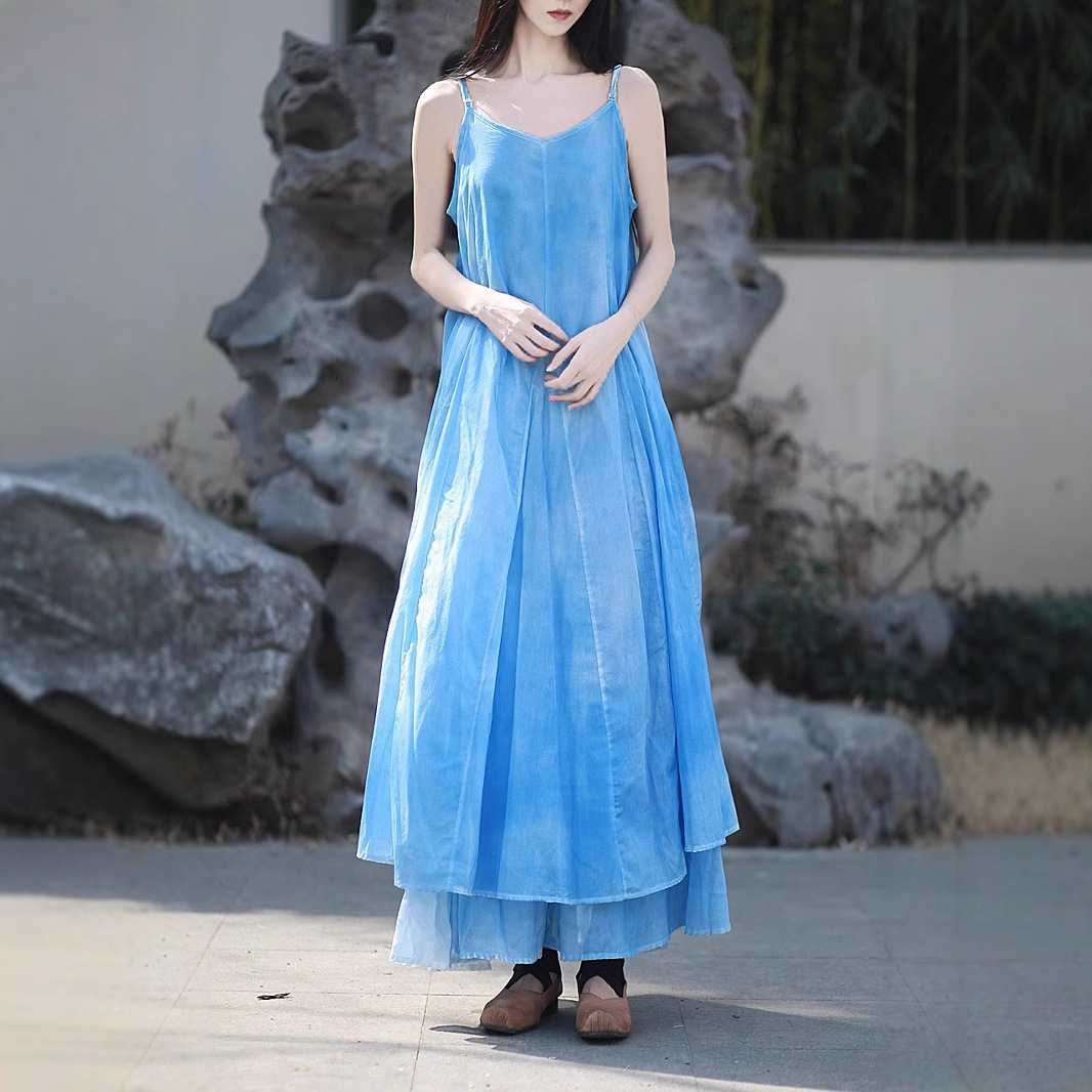 2025 25 DIY Plant-Dyed Spray-Dyed Strap Long Dress Irregular Large Hem Artistic Cool Blue