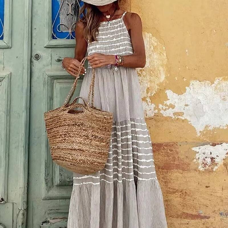 Maxi Long Dress Women Mom Boho Round Neck Sling Dresses Striped Sleeveless Summer Streetwear Print Loose Casual Vestidos dongdumaoyi