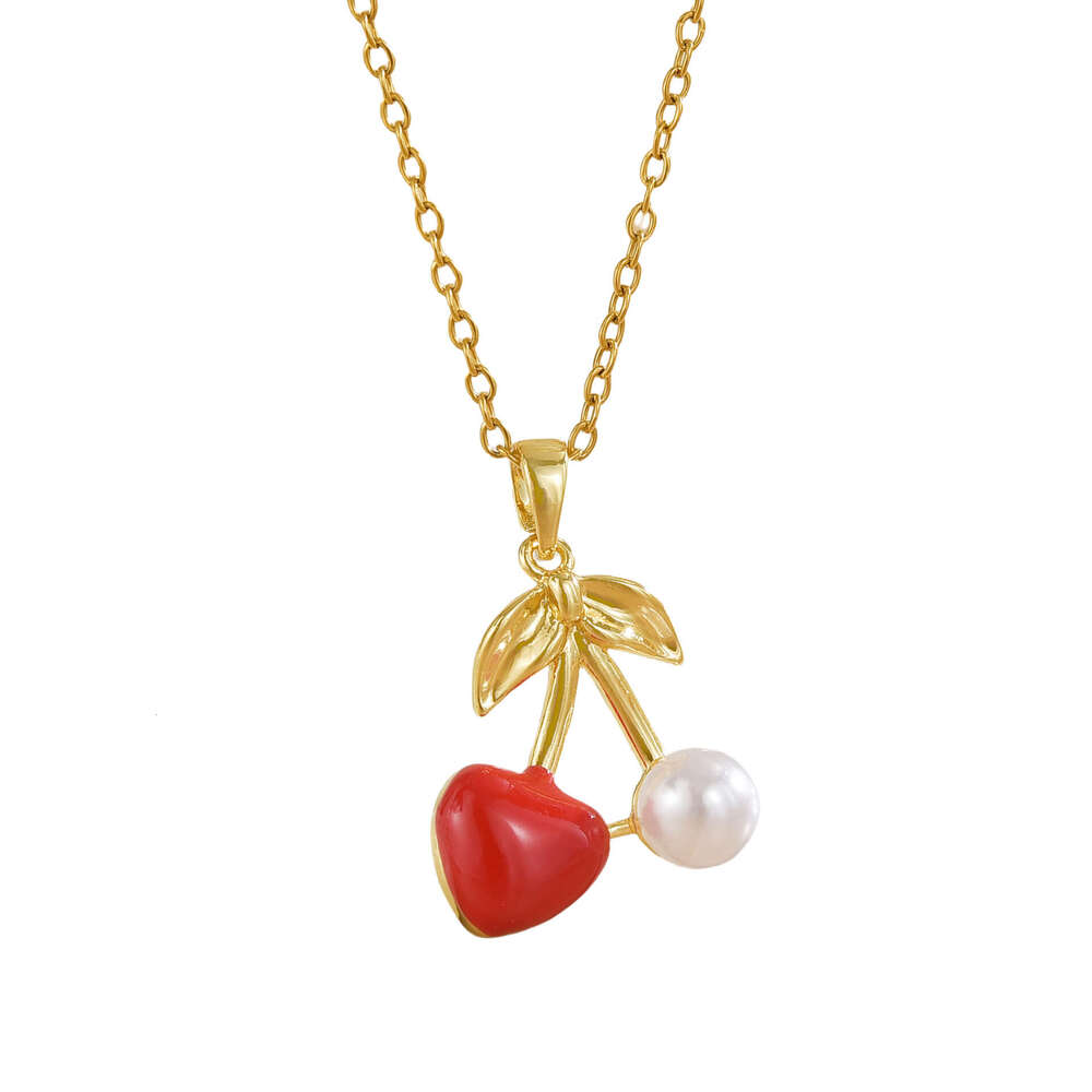 Necklace For Women Copper Inlaid With Zircon Red Cherry Pendant Fashionable Fresh High-End Clavicle Chain Accessory 653