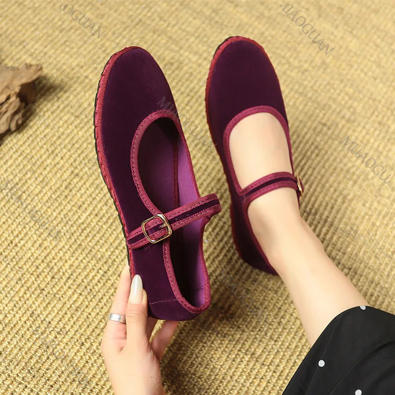 Retro Flat Suede Shoes for Women Casual Spring Belt Buckle Strap Womens Flats Solid Round Toe Shallow Soft Bottom Ladies Shoes 250712