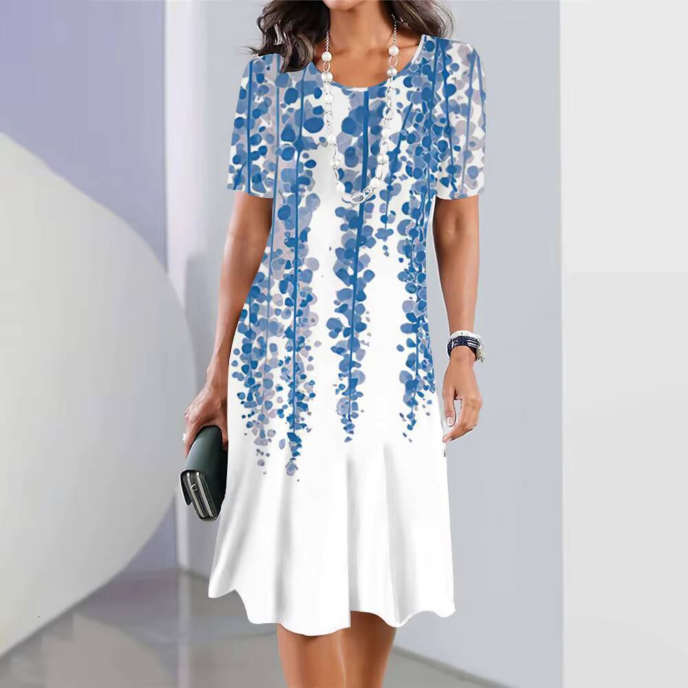 2024 Womens Floral Print Summer Elegant Midi Dresses Female Short Sleeve Dress Fashion Oversized Clothes dongdumaoyi
