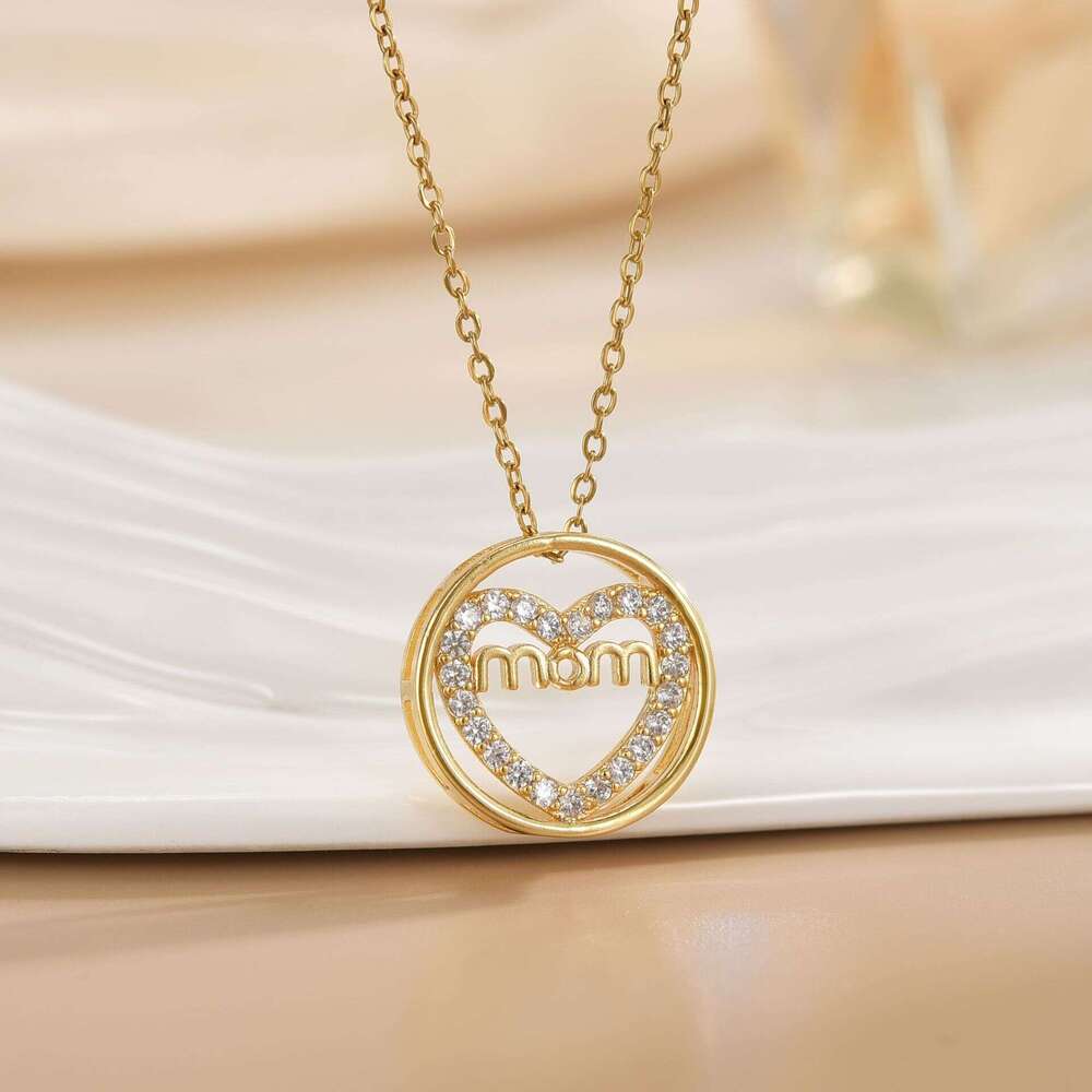 New MOM Round Necklace Mother's Day Jewelry Shiny Zircon Heart-Shaped Mom Pendant F0b