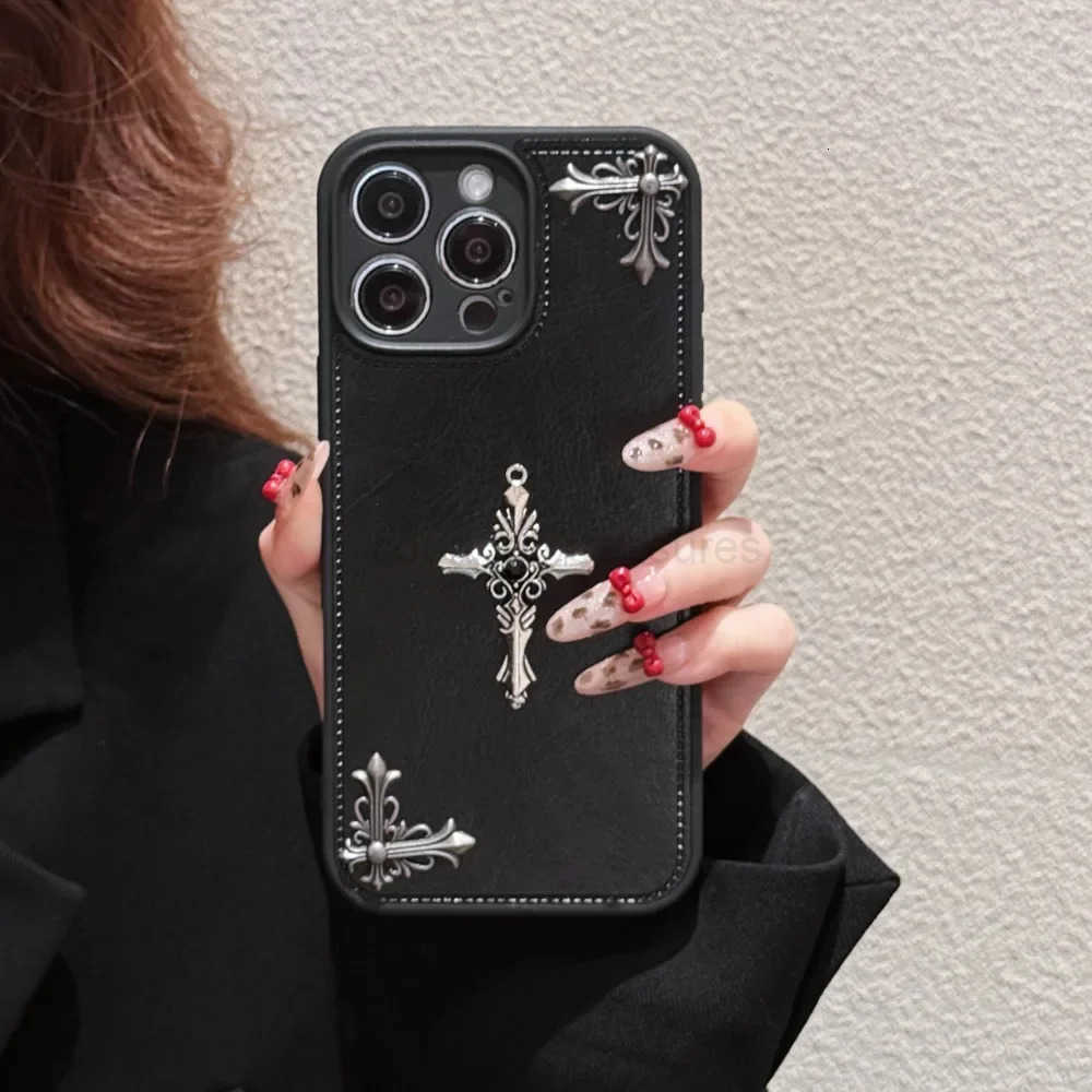 For iPhone 16 15 14 13 12 11 Pro Max Luxury Gothic High Grade Leather Phone Case Fashion Trends 3D Metal Cross Protection Cover M250716