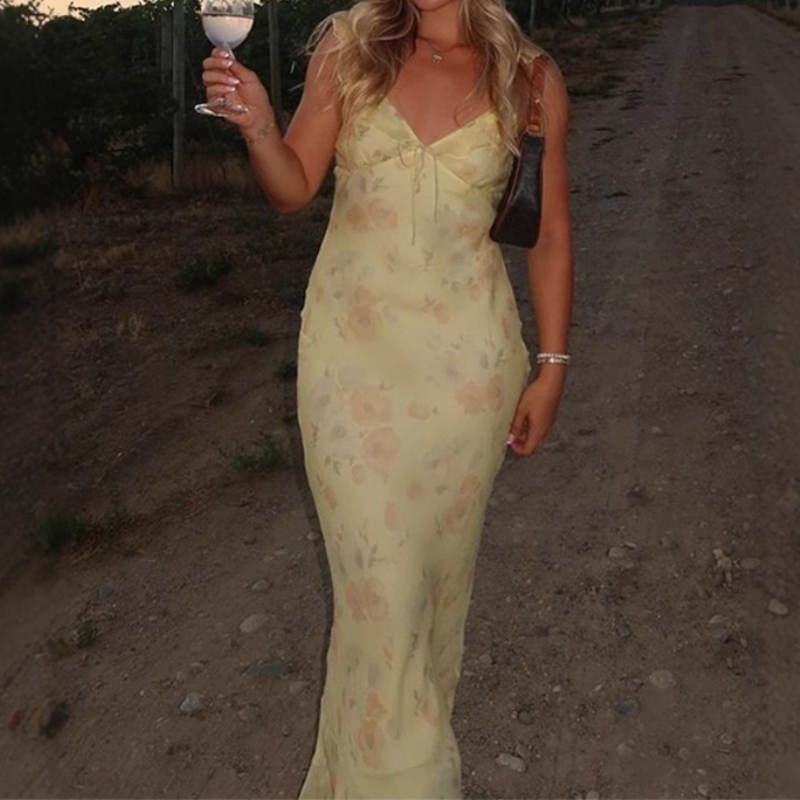 Summer Flower Printed Women's Sexy Low-cut Dress Sleeveless Backless Slim Sling Dresses 2025 Beach Vacation Lady Vestidos 0716