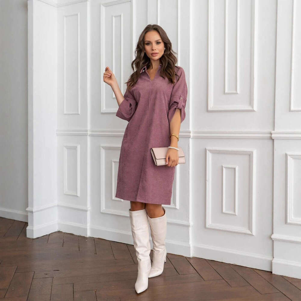 Corduroy Mid-Length Spring Summer Elegant Commuter Loose Turn-Down Collar Button Dress B5