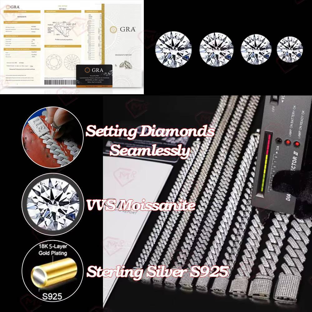 VVS Iced Out Moissanite 15mm Cuban Link Chain Hip Hop 925 Silver Baguette Moissanite Cuban Chain for Men