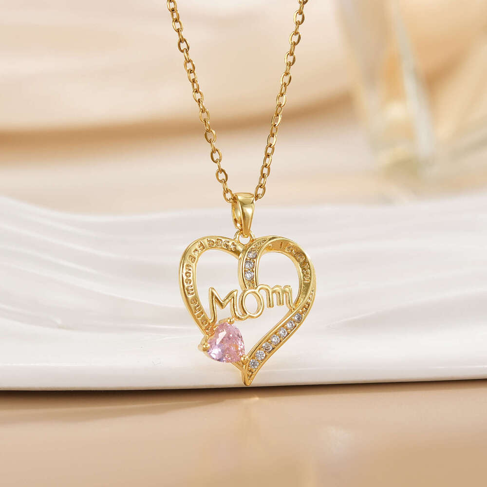 New Mom Heart-Shaped Engraving Micro Inlaid Full Zircon Necklace Mother's Day Gift Simple High-End Jewelry Accessories 5D6