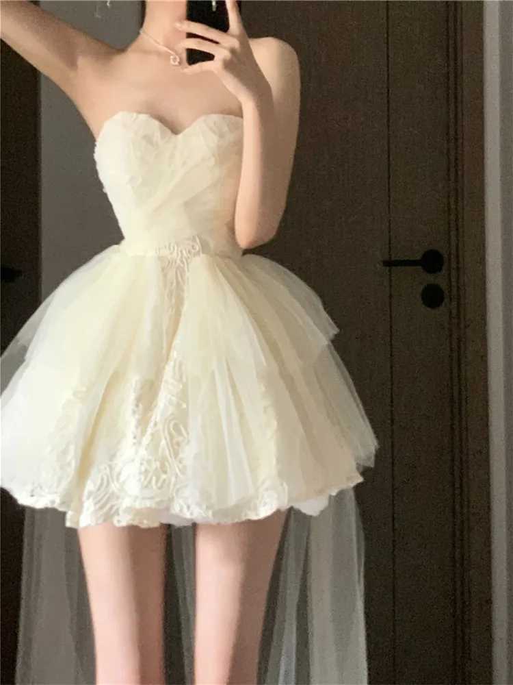 Korean Style White Party Dresses Women Mesh Lace Slash Neck Strapless Puffy Layered Mini Elegant Ladies Backless Dress R250716