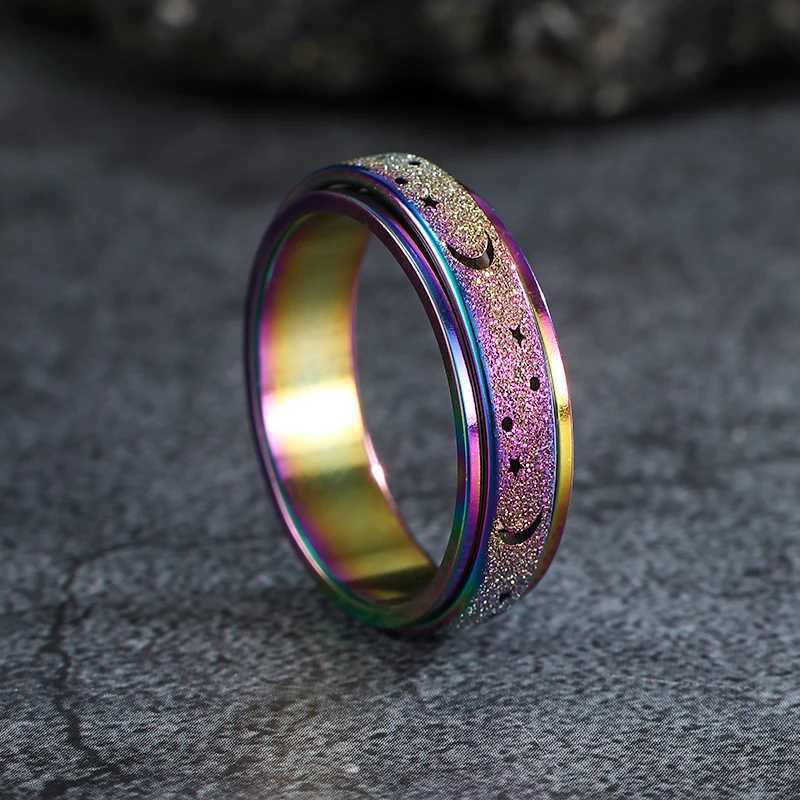 6MM Retro Rainbow Stainless Steel Moon And Star Metal Spinner Fidget For Women Anxiety Relife Spinning Ring Jewelry Bague Homme S250716