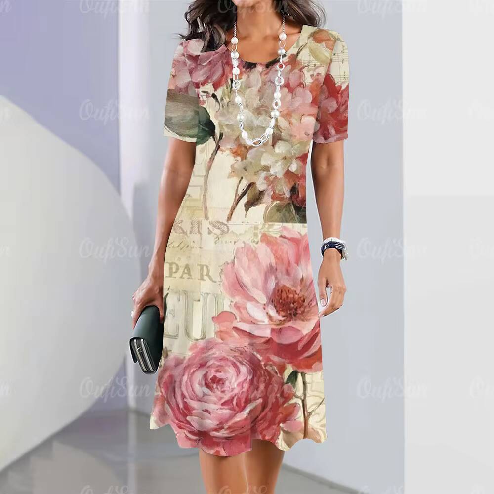 2024 New Womens Floral Printed Summer Luxury Midi Dresses Feamle Short Sleeve Dress Fashion Oversized Clothes dongdumaoyi