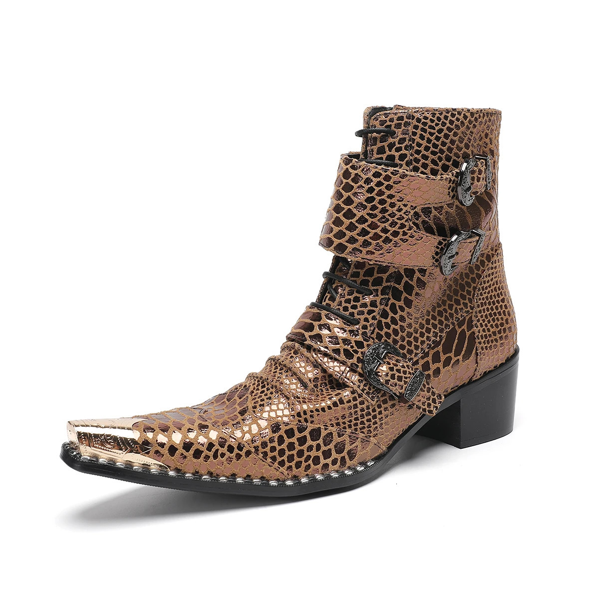British Snake Print Pointed Toe Genuine Leather Motorcycle Ankle Boots Male Party Shoes Large Size Lace Up Cowboy Short Boots 250715