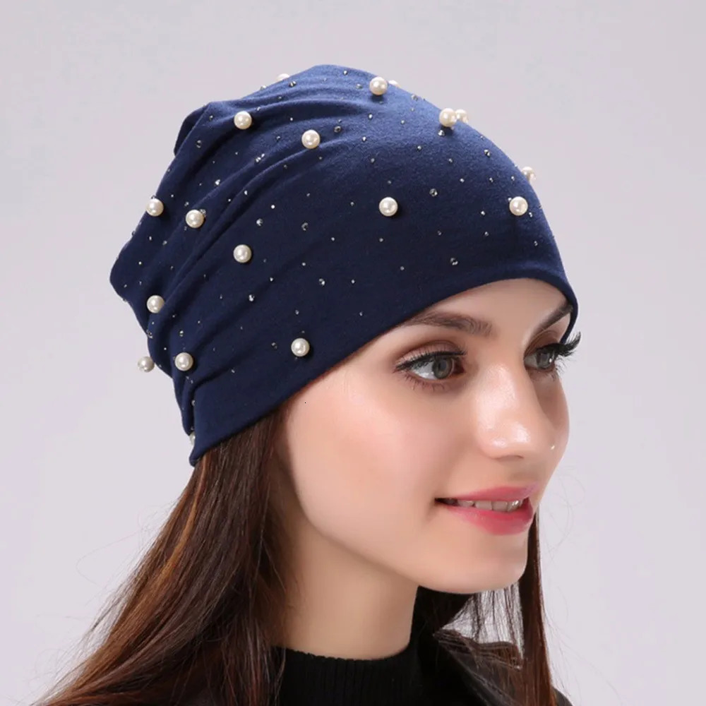 Soft Cotton Autumn Spring Beanie Hat Girls Pearl Rhinestones Warm Skullies Caps Turban Bonnet Hat Female Ladies 250715