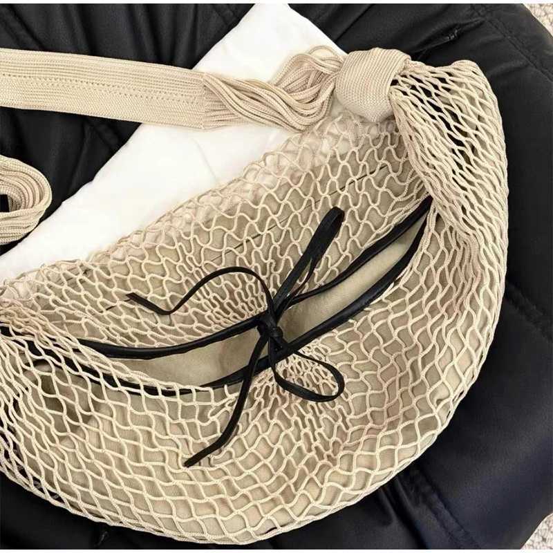 Hand-woven Half-moon Shoulder Bag Apricot Brand Bow Stitching High Quality Holiday Women New Croissant Messenger Net Bag