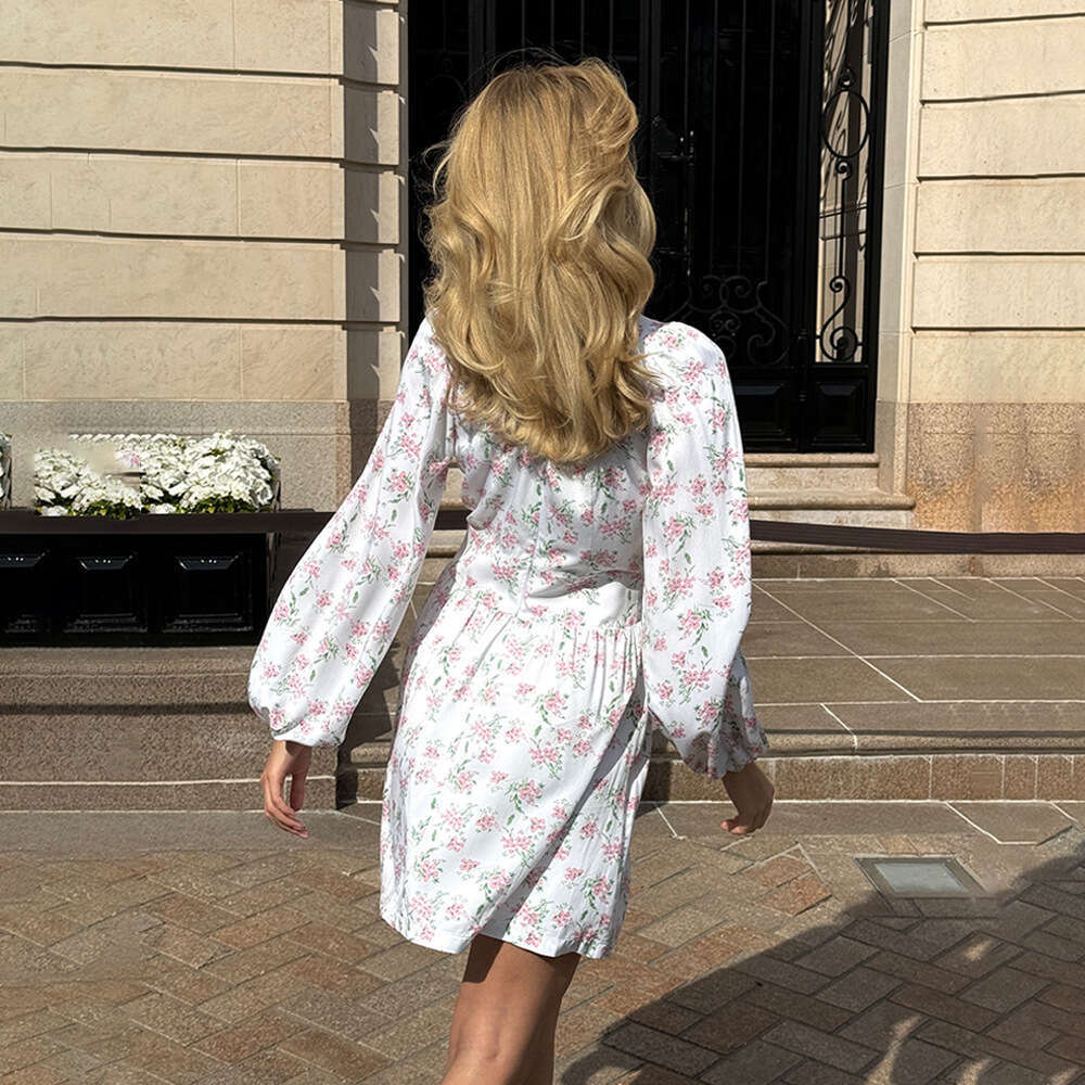 Printed Spring Summer New Lantern V Waist Short Long Sleeve Dress B5