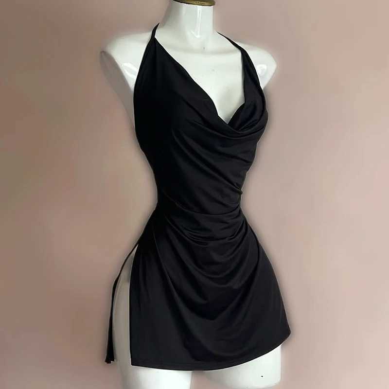 2K European and American Fashion Split Halter Neck V-neck Suspender Halter Evening Dress Sexy Suspender Nightgown Split Skirt R250716