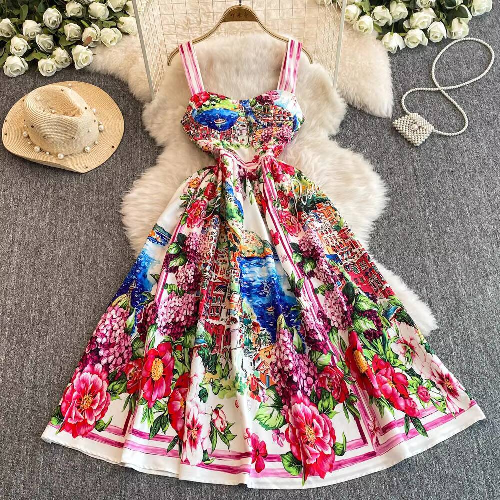 Designer Summer Holiday Floral Print Midi Prom Dress Women Bustier Corset Strechy Back Sundress Party Long Evening Dresses dongdumaoyi