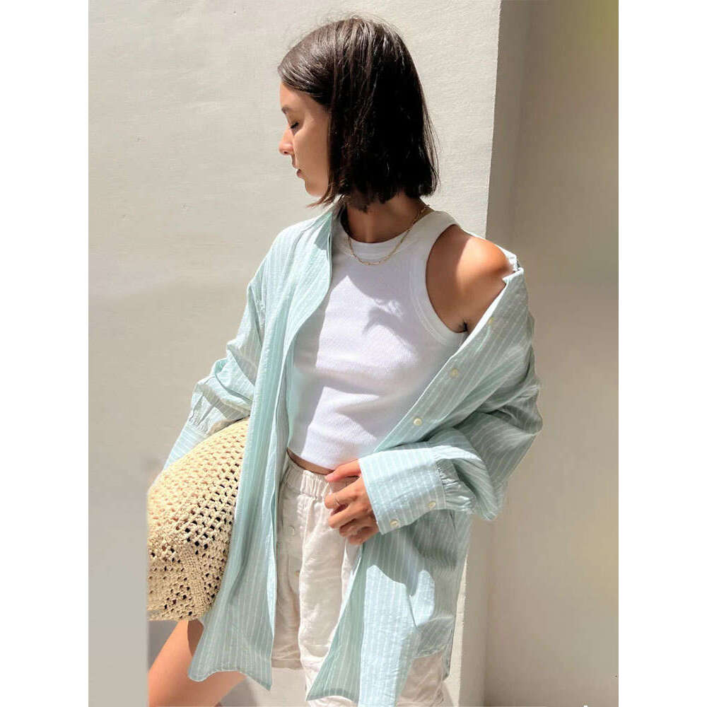 Spring Summer New Casual Loose Candy Macaron Color Mid-Length Striped Shirt B5