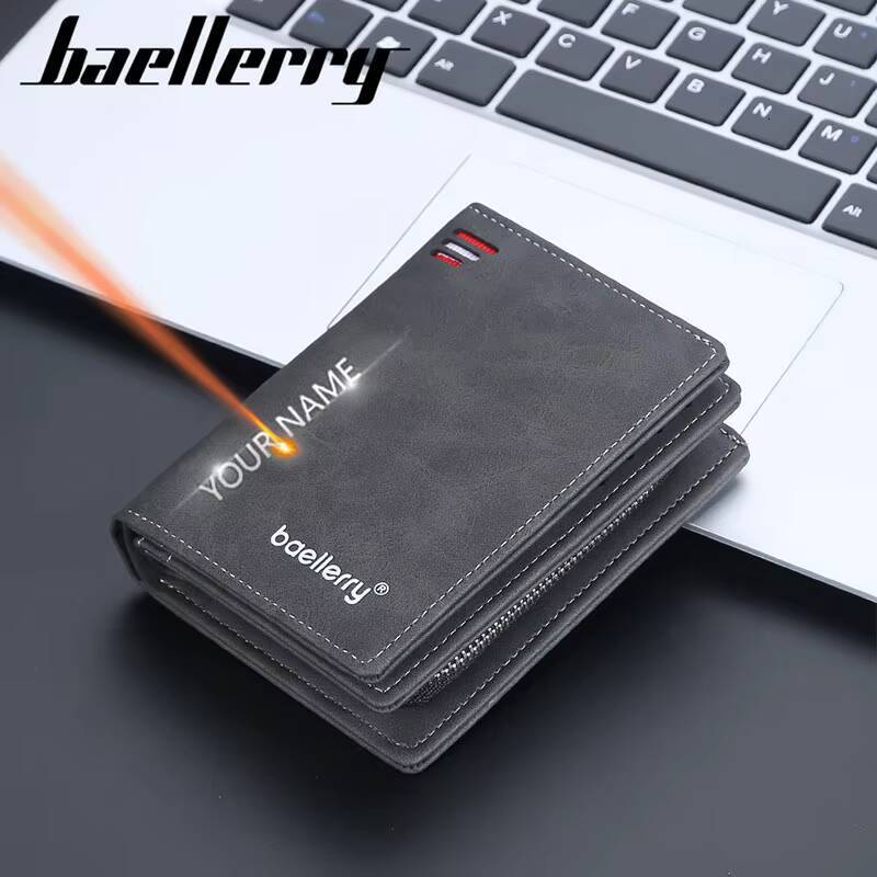 Baellerry 2023 New Short Men Wallets Name Customized Card Luxury Male Wallet Zipper Coin Pocket Photo Holder Mens Purses ddmynov