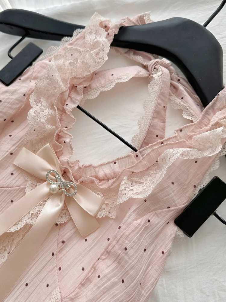 2025 Women Summer Pink Polka Dot Halter Short Dress Lace Trim Bowknot Decoration Ruffled Stylish Party Daily Beach Wear Clothing R250716