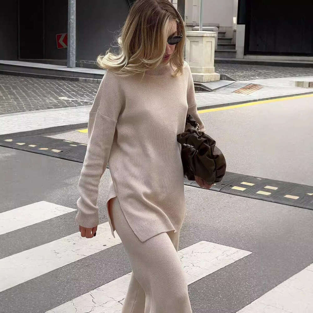 Turtleneck Women Autumn Winter New Casual Style Split Loose Solid Color Knitted Sweater B5