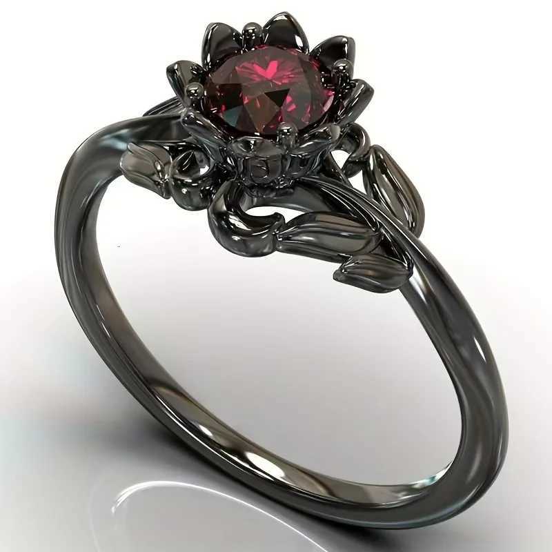 Charm Black Color Flower Round Rings for Women Red Stone Rings Jewelry Party Gift S250716