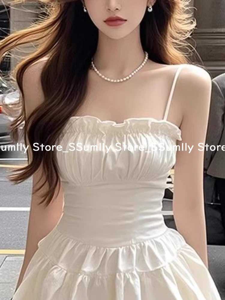 2025 Summer White Square Neck Ruffled Sling Dress Women French Slim Fit Sexy Elegant Party Clothes Korean Fashion Short Dresses R250716