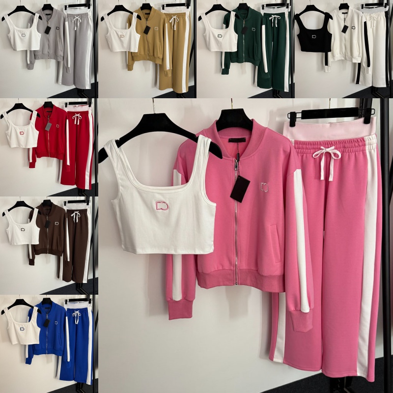 Luxury Embroidered Women Jacket Suits Street Style Tank Top Jacket Pants 3 Piece Set Contrast Color Outerwear High Waist Trousers Outfits