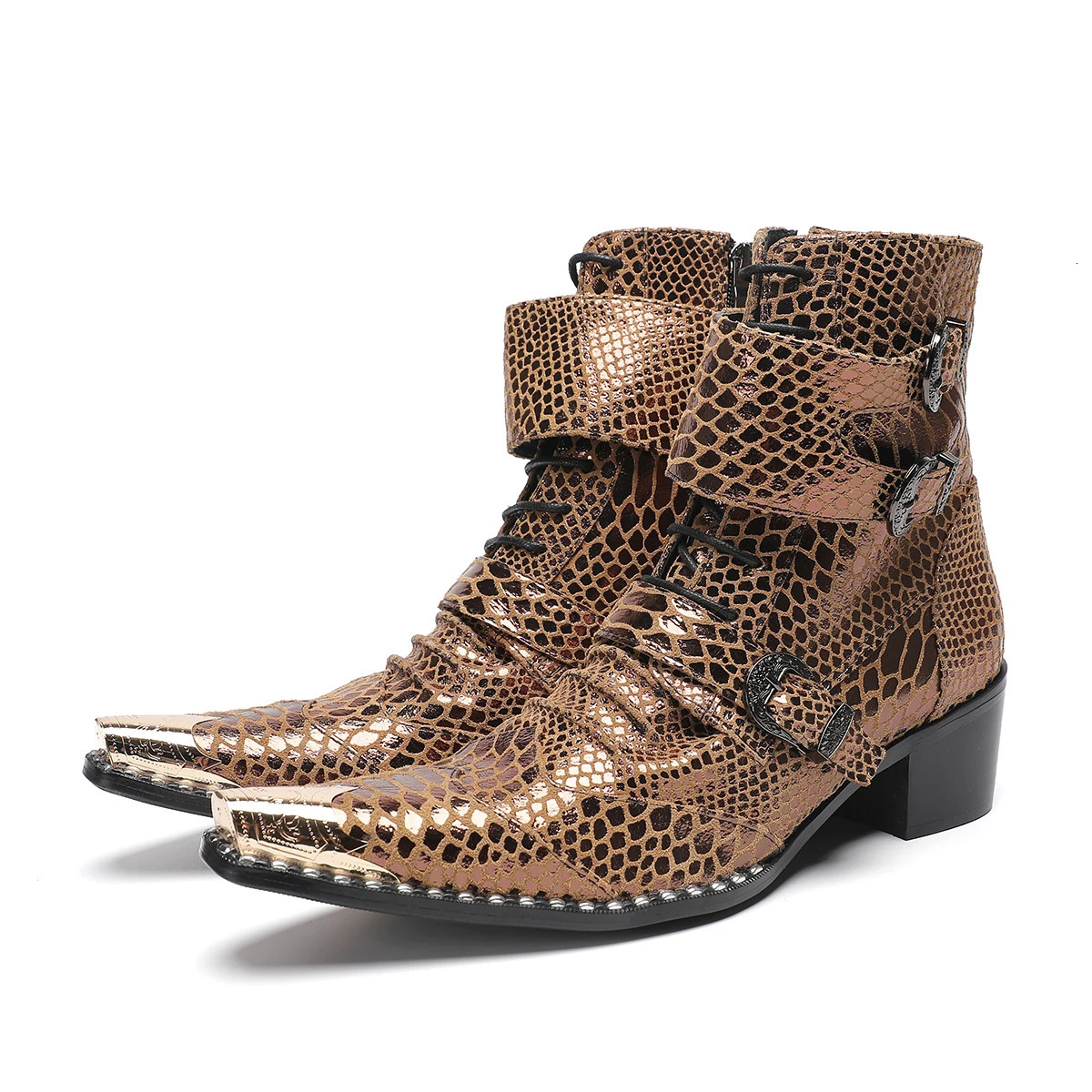 British Snake Print Pointed Toe Genuine Leather Motorcycle Ankle Boots Male Party Shoes Large Size Lace Up Cowboy Short Boots 250715