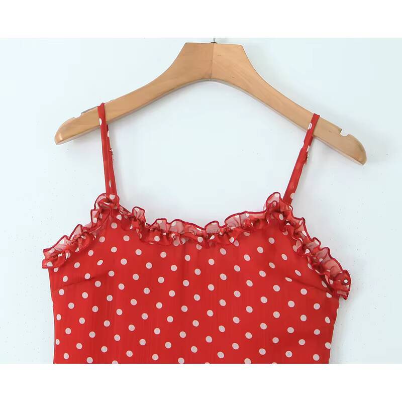YENKYE New 2025 Women Polka Dot Red Sexy Long Dreses Ruffle O Neck A-line Midi Summer Party Dressess Holiday Robe dongdumaoyi