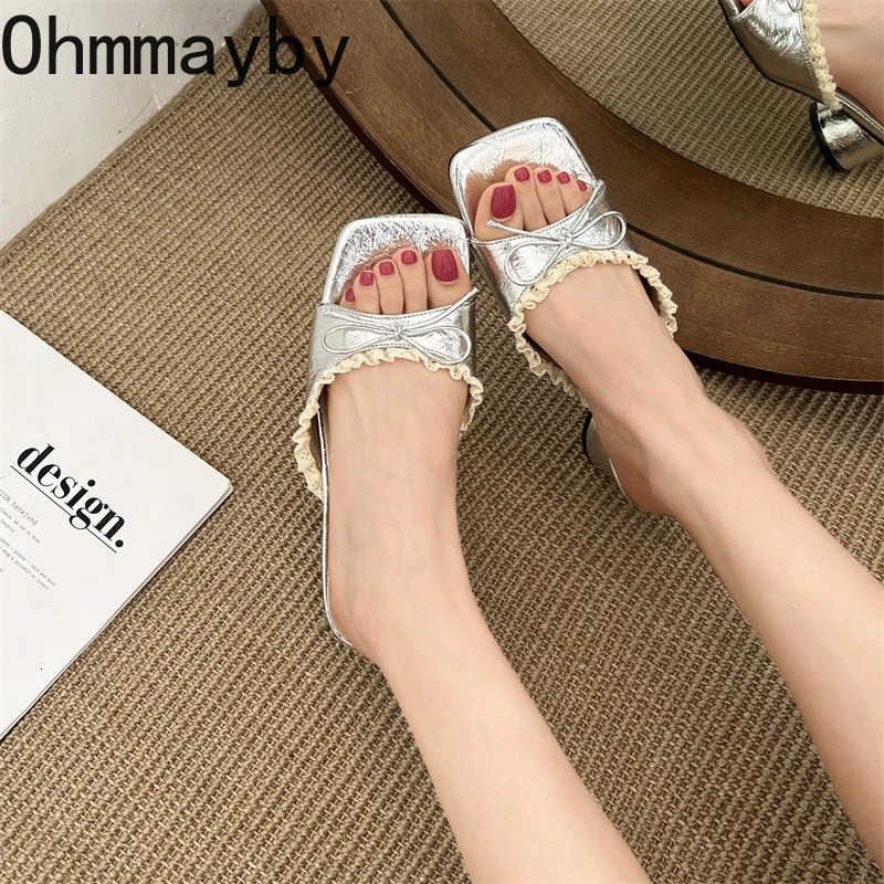 Summer Butterfly-knot Square Toe Women Slippers Elegant Thick Heel Slide Ladies Concise Beach Dress Sandalias 250712