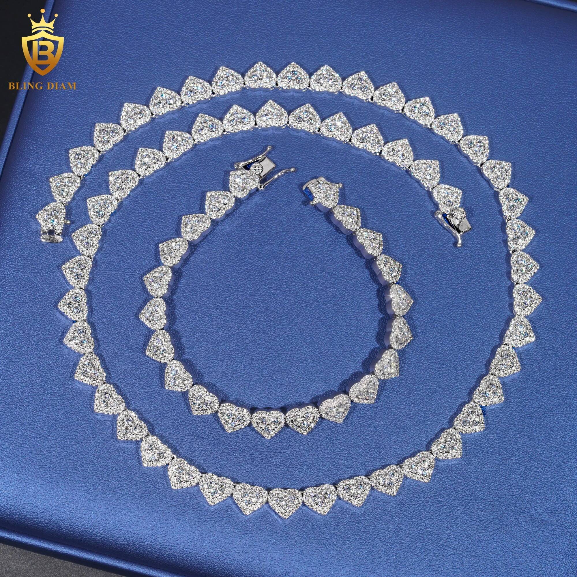 Hip Hop Rock 100% 925 Sterling Silver Heart Cut Double Row Moissanite 8mm Cuban Chain Necklaces Bracelet Fine Jewelry