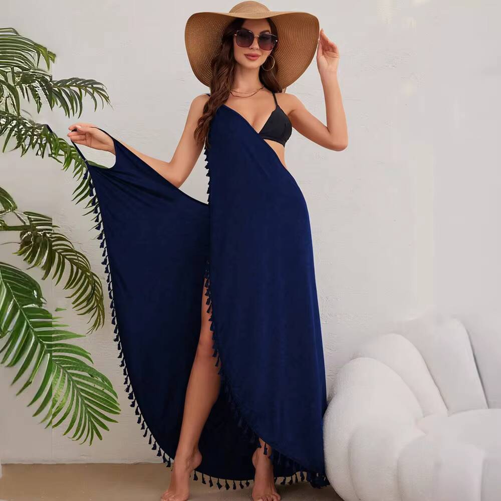 Vacation Tassels Solid Cover Up Maxi Strap For Women Sexy Casual Beachwear Sling Backless Swimwear Dresses Robes dongdumaoyi