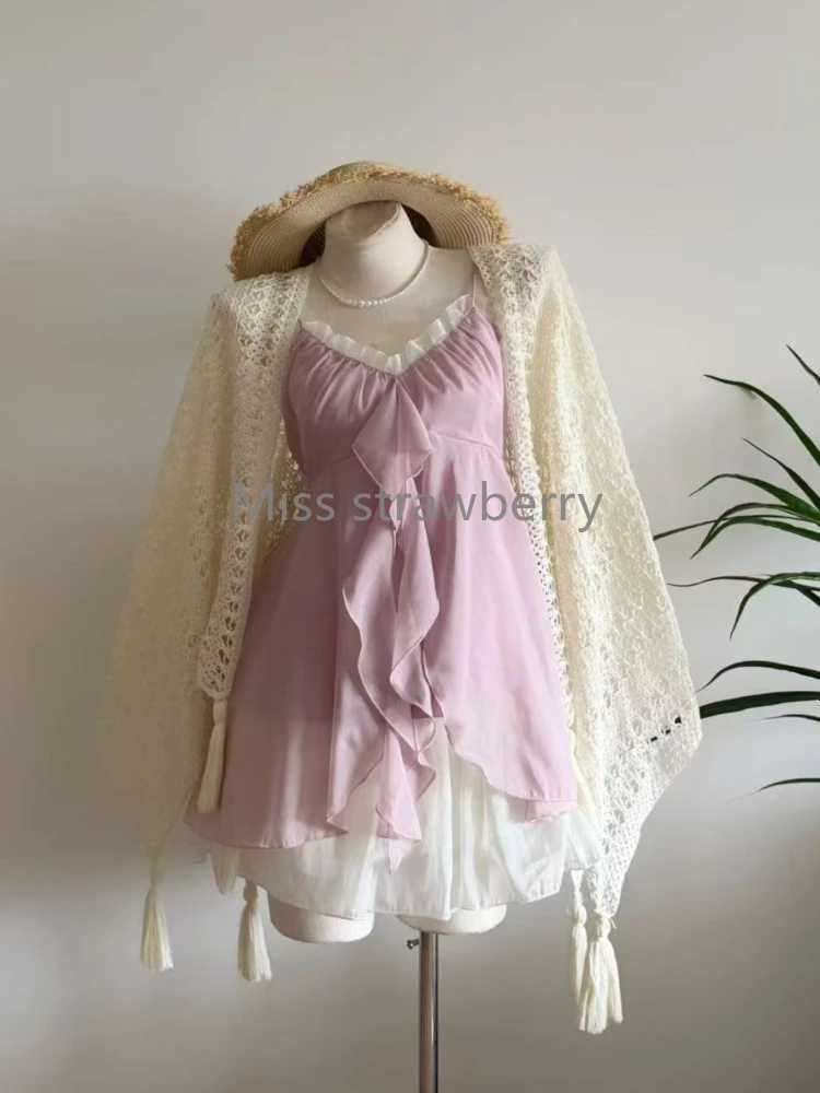 2025 Summer Vintage Sweet Sling 2-piece Set Women Design Chic Loose Chiffon Fairy Suit Female Japanese Elegant Thin New Clothing R250716