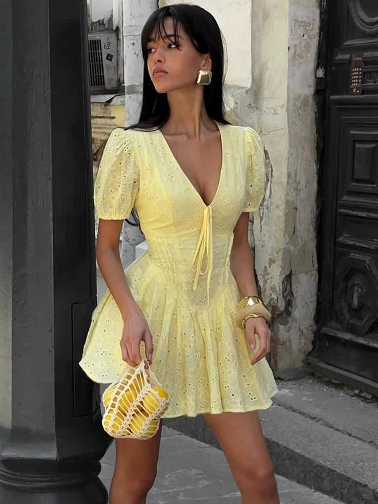 Trendix Yellow Elegant Dress Women Summer Sexy Deep V Neck Lace Up Short Sleeve Dresses Street Casual Vacation Ruffle Mini Dress R250716