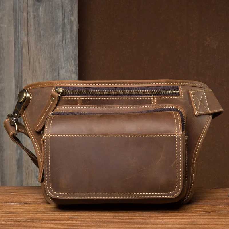 Mens genuine leather bag multi-functional crossbody waist bag for casual sports