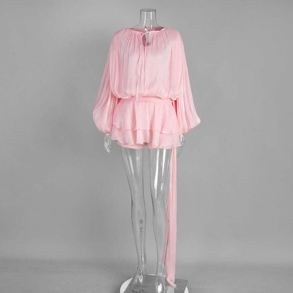 Chiffon Long Summer New Lantern Sleeve Tie Short Ruffle Dress B5