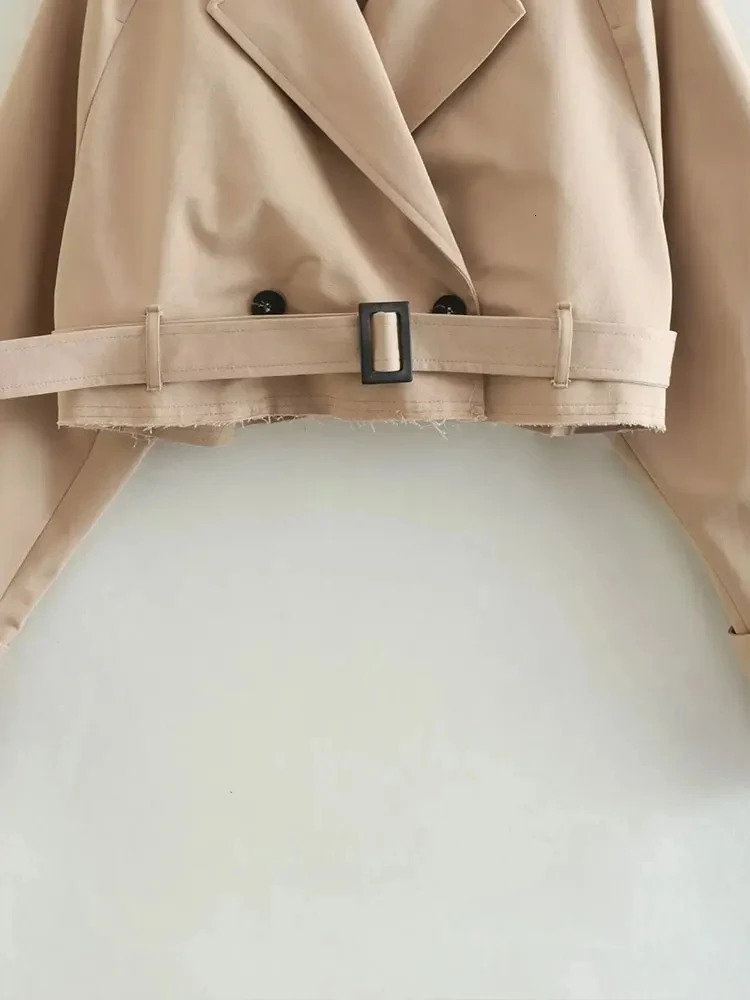 Belt Cropped Trench Spring Jacket Women Vintage Streetwear Double Breasted Long Sleeve Top Female Coat Outfits 250715