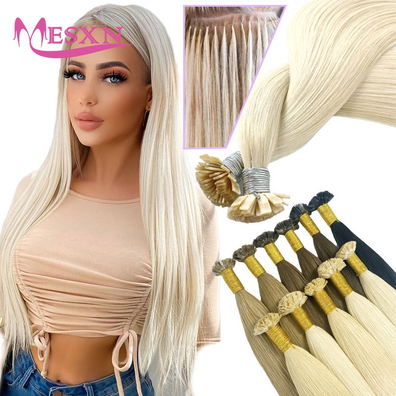 MESXN Straight Flat Tip Hair Extensions 100% Real Human Hair Fusion Hair Extensions Brown Blonde Color 16-24inch 1g/Strand